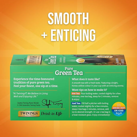 Twinings Pure Green Tea Individually Wrapped Bags, 25 Count (Pack of 6), Smooth Flavour, Enticing Aroma, Caffeinated, Enjoy Hot or Iced, 150 Teabags