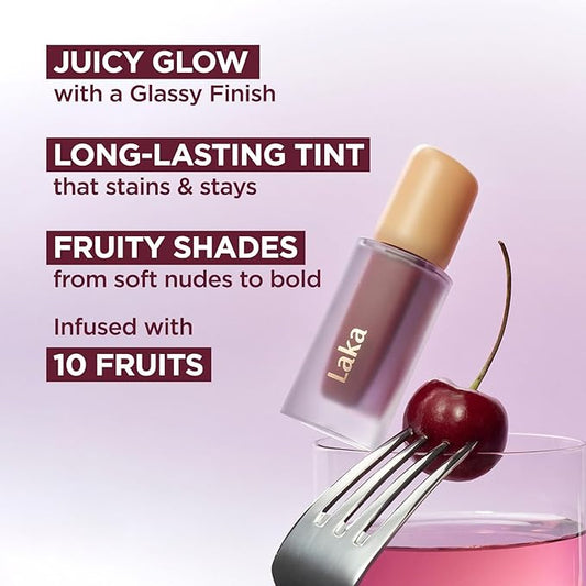 Laka Fruity Glam Tint, 4.5g/0.15oz, Glowing Lip Stain with Wide Color Spectrum, Hydrating & Lightweight Texture, Long-Lasting Bold Stain, Non-Sticky, Vegan, K-Beauty (#143 Brulee)