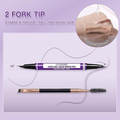UCANBE Curved Eyebrow Pencils for Women with Spoolie Brush,Dual-Ended Eyebrow Pen with 2-Fork-Tip&Precise Brush-Tip,Microblading Brow Pen for Hair-Like Brows,Waterfool, Long Lasting,Light Brown