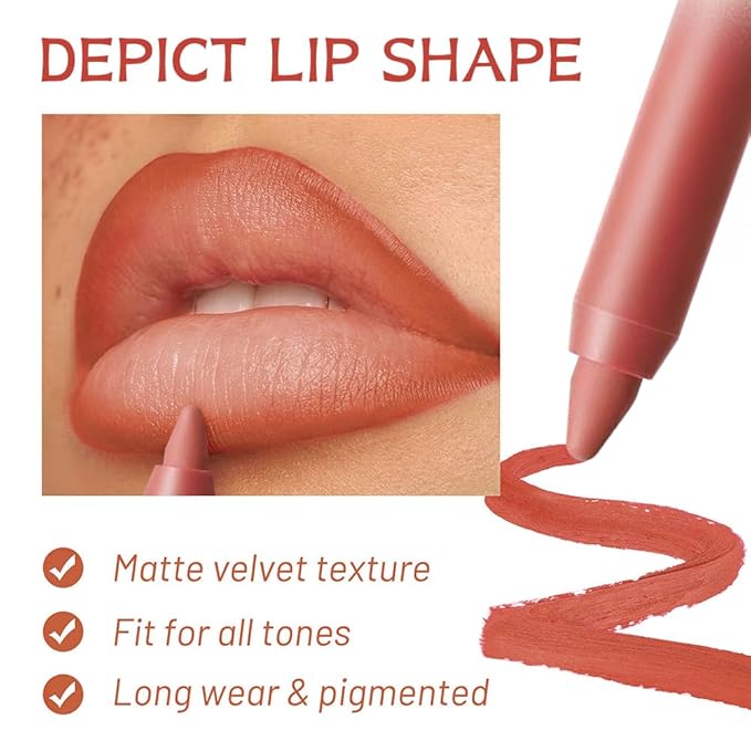 Terracotta Coral Matte Lip Liner Pencil – Smooth & Moisturizing Lip Pencil for Precise Contour, Rich Color Payoff, Lightweight Everyday Lip Makeup, Twist-Up Design,02#