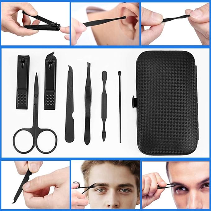 7pcs Manicure Set, Nail Clippers Kit, Stainless Steel Manicure Kit, Nail Clipping Tools Portable Travel Grooming Kit, The Best Gift with Luxurious Case (Black-7)