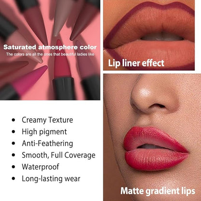 Taupe Brown Gradient Matte Lipstick Crayon Lip Liner pencil,Crayon Form and Cone Tip 2-in-1 Lip Liner and Lipstick Lip Combo Set Achieve Flawless Contour Gradual Ombre Effect lip Pencil for Old Women
