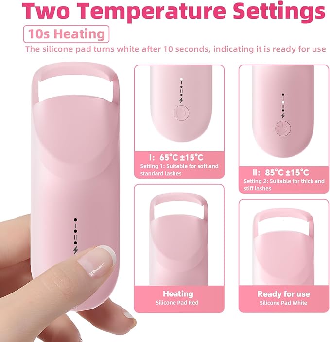 Heated Eyelash Curler,Portable Electric Heated Lash Curler Type-C Rechargeable Travel Eyelash Curlers with Heat Sensitive Silicone Pad,2-Level Adjustable Temp and Long-Lasting Natural Curves (Pink)