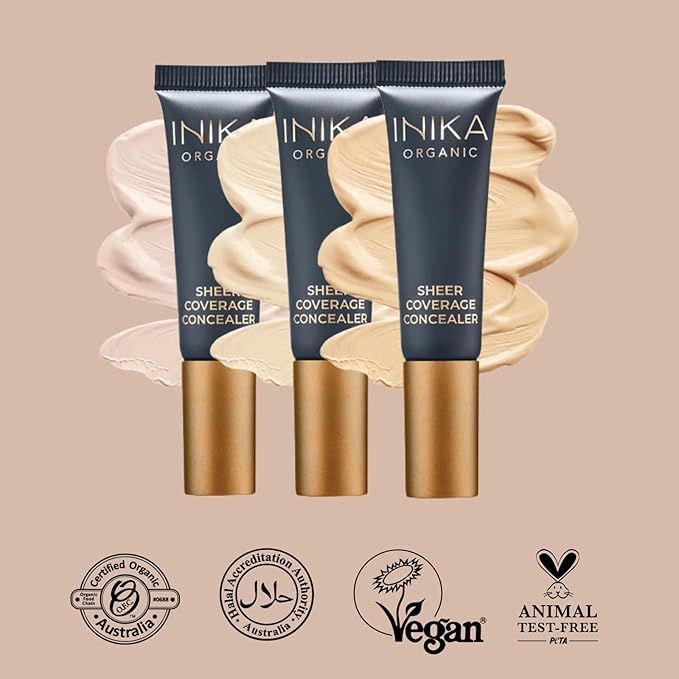 INIKA Organic Sheer Coverage Concealer | Disguise Dark Circles, Cover up Blemishes, Creamy formula, Vegan Ingredients, All Day Wear that Hydrates and Nourishes. Sand