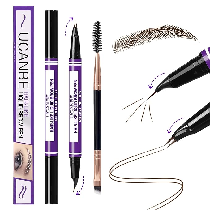 UCANBE Curved Eyebrow Pencils for Women with Spoolie Brush,Dual-Ended Eyebrow Pen with 2-Fork-Tip&Precise Brush-Tip,Microblading Brow Pen for Hair-Like Brows,Waterfool, Long Lasting,Dark Brown