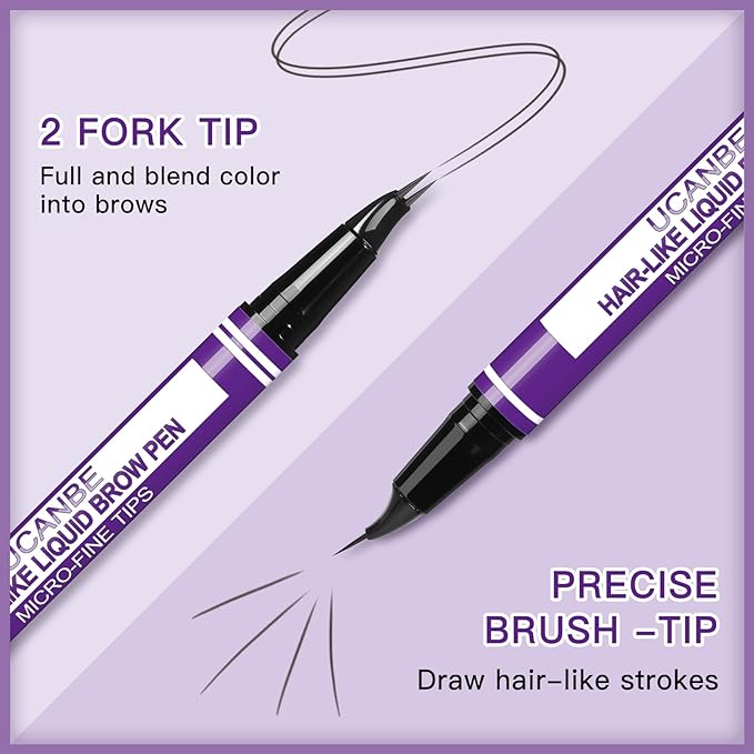 UCANBE Curved Eyebrow Pencils for Women with Spoolie Brush,Dual-Ended Eyebrow Pen with 2-Fork-Tip&Precise Brush-Tip,Microblading Brow Pen for Hair-Like Brows,Waterfool, Long Lasting,Dark Brown