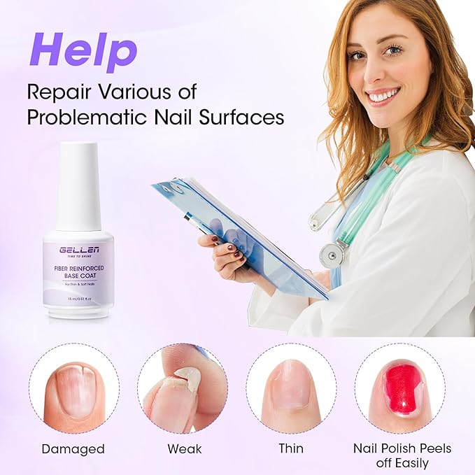 GELLEN Fiber Glass Base Gel Polish, 0.51 Fl.oz Clear Nail Strengthener for Repair Broken Damaged Thin Weak Nails, Professional Soak Off UV Base Coat Salon Home
