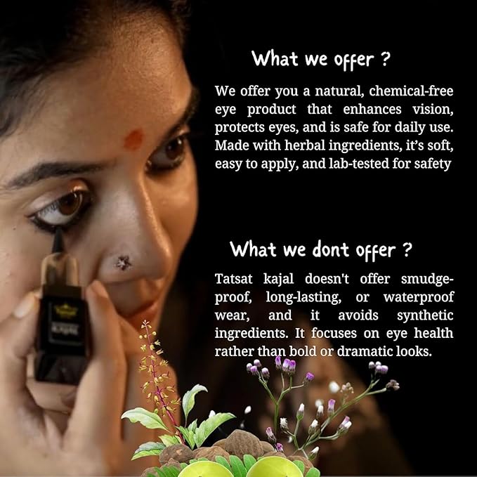 TATSAT - WELLNESS THROUGH AYURVEDA Kajal With Pure Herbs, Medicated Soot And Desi Cow Ghee|Safe For Babies|Lab Tested|No Preservatives, Black, Matte Finish (1 Count (Pack of 1))