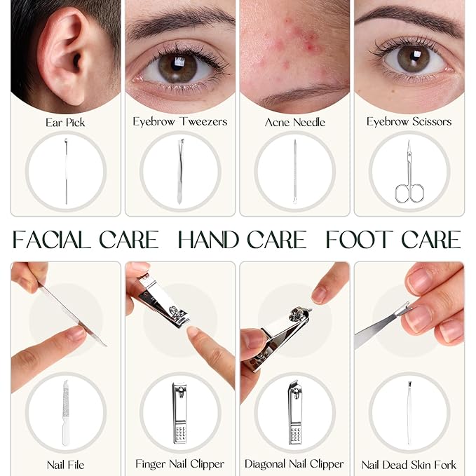 Lasnten 24 Set Christmas Manicure Set Bulk Nail Clippers Grooming Nail Kit Stainless Steel Professional Pedicure Kit Pedicure Tools with Travel Case Gifts for Xmas Men Women(8 in 1,Dark Green)