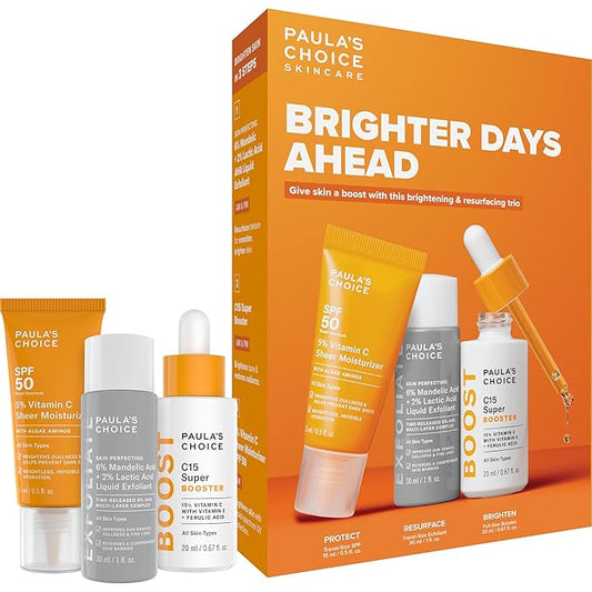 Paula's Choice Brighter Days Ahead Kit, Vitamin C and AHA Trio, Includes Travel Size C5 SPF Face Sunscreen, Mandelic Acid Exfoliant, C15 Vitamin C Booster Serum, Brightening & Resurfacing, 3-Piece Set