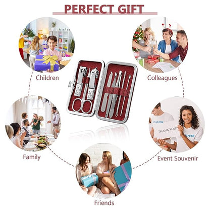 Geosar 12 Sets Manicure Set Nail Clippers Pedicure Kit 8 in 1 Grooming Stainless Steel Kits Nail Care Tools with Travel Case Xmas Gifts Christmas Stocking Stuffers for Men Women(Wine Red)