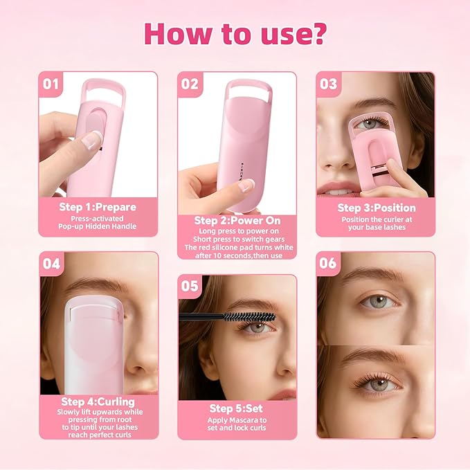 Heated Eyelash Curler,Portable Electric Heated Lash Curler Type-C Rechargeable Travel Eyelash Curlers with Heat Sensitive Silicone Pad,2-Level Adjustable Temp and Long-Lasting Natural Curves (Pink)