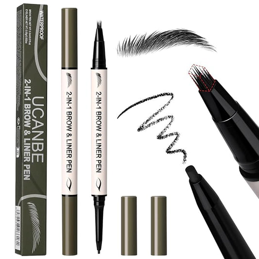 UCANBE 2-in-1 Eyebrow Pen & Gel Eyeliner Pencil – Microblading Eye Brow Pencil with Brow-Fection Angled Brush Tip + 1.5mm Ultra-Fine Eye Liner, Waterproof, Quick-Dry, Long Lasting (Black)