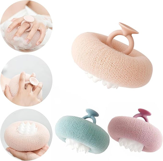 2-in-1 Sunflower Shower Sponge with Suction Cup | Exfoliating Bath Sponge for Soft Skin | Hypoallergenic & Eco-Friendly Body Scrubber for Spa-Like Luxury (Meat Pink, Purple, Light Green)