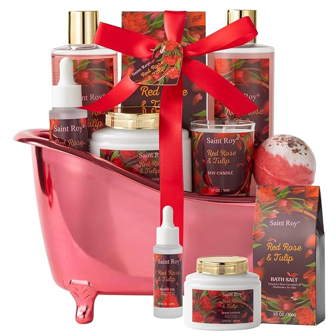 Christmas Gifts for Women, spa kit Gifts for Her Mother's Day Bath Spa Gift Set Red Rose & Tulip Spa Basket Kits for Women, Contains Body Oil, Body Lotion, Salt, self care baskets Mother's Day Gift