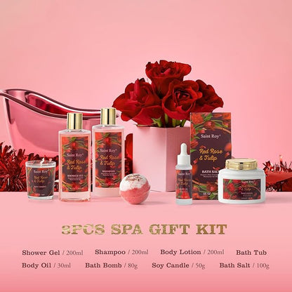 Christmas Gifts for Women, spa kit Gifts for Her Mother's Day Bath Spa Gift Set Red Rose & Tulip Spa Basket Kits for Women, Contains Body Oil, Body Lotion, Salt, self care baskets Mother's Day Gift