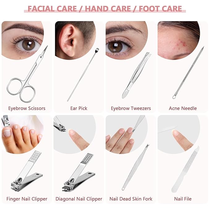 Lasnten 24 Set Christmas Manicure Set Bulk Nail Clippers Grooming Nail Kit Stainless Steel Professional Pedicure Kit Pedicure Tools with Travel Case Gifts for Xmas Men Women(8 in 1,Shiny Pink)