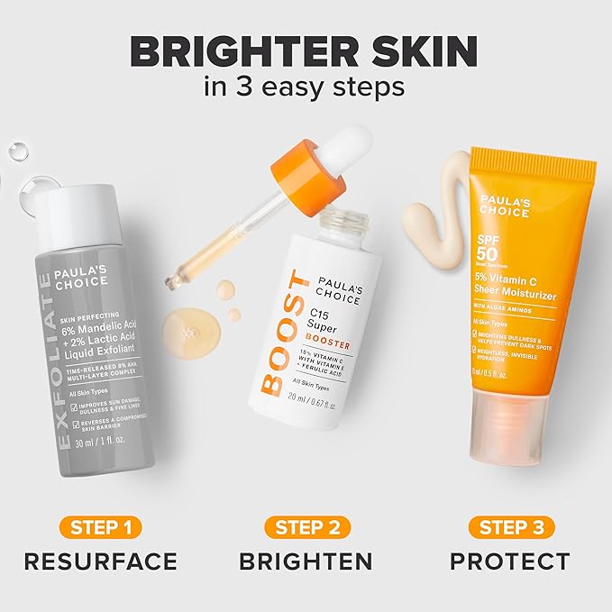 Paula's Choice Brighter Days Ahead Kit, Vitamin C and AHA Trio, Includes Travel Size C5 SPF Face Sunscreen, Mandelic Acid Exfoliant, C15 Vitamin C Booster Serum, Brightening & Resurfacing, 3-Piece Set