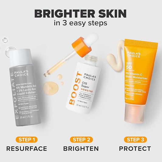 Paula's Choice Brighter Days Ahead Kit, Vitamin C and AHA Trio, Includes Travel Size C5 SPF Face Sunscreen, Mandelic Acid Exfoliant, C15 Vitamin C Booster Serum, Brightening & Resurfacing, 3-Piece Set