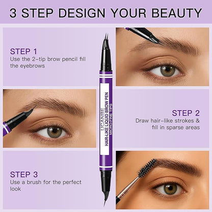UCANBE Curved Eyebrow Pencils for Women with Spoolie Brush,Dual-Ended Eyebrow Pen with 2-Fork-Tip&Precise Brush-Tip,Microblading Brow Pen for Hair-Like Brows,Waterfool, Long Lasting,Light Brown
