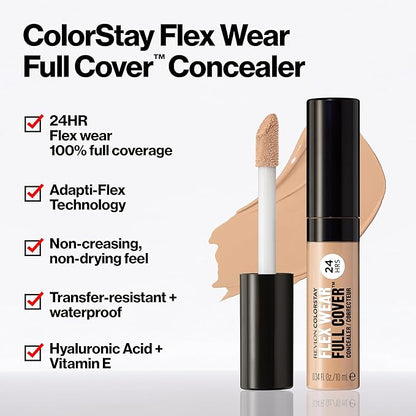 Revlon ColorStay Flex Wear, Full Cover Non-Creasing Concealer, Infused with Hyaluronic Acid & Vitamin E, Flexible Longwear, 075 Hazelnut, 0.34 fl oz.