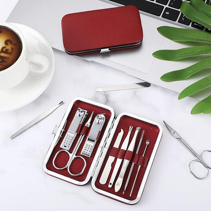 Geosar 12 Sets Manicure Set Nail Clippers Pedicure Kit 8 in 1 Grooming Stainless Steel Kits Nail Care Tools with Travel Case Xmas Gifts Christmas Stocking Stuffers for Men Women(Wine Red)