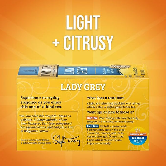 Twinings Lady Grey Black Tea Individually Wrapped Bags, 20 Count (Pack of 6), Orange & Lemon Peel with a Hint of Bergamot, Caffeinated, Enjoy Hot or Iced, 120 Teabags