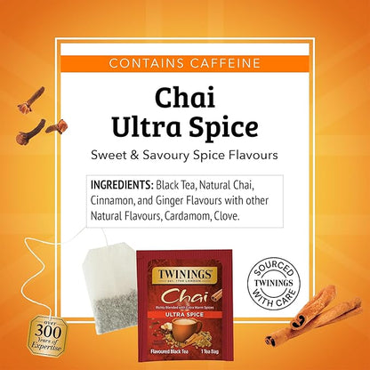 Twinings Ultra Spice Chai Black Tea Individually Wrapped Bags, 20 Count (Pack of 1), Sweet, Savoury Spices, Caffeinated, Enjoy Hot or Iced, 20 Teabags