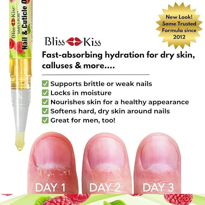 Bliss Kiss | 4 Juicy Raspberry | Oil Cuticle Pen w/Vitamin E & Jojoba⏤Nail Strengthener Nail Growth Serum for Brittle Peeling Breaking Thin Nails