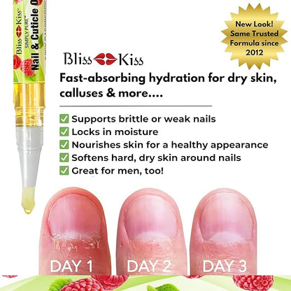 Bliss Kiss | 4 Juicy Raspberry | Oil Cuticle Pen w/Vitamin E & Jojoba⏤Nail Strengthener Nail Growth Serum for Brittle Peeling Breaking Thin Nails