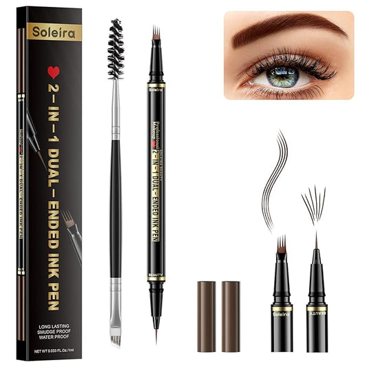 Waterproof Eyebrow Pencil with 4 Tip Microblading Pen and Dual-ended Brush, for Natural-Looking Brows, Long-Lasting, Chocolate
