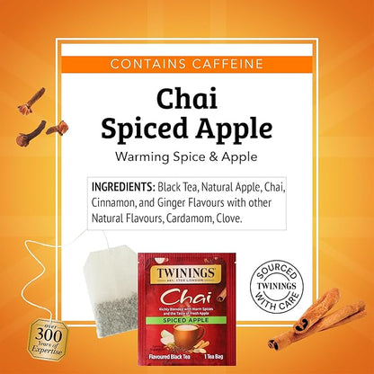 Twinings Spiced Apple Chai Black Tea Individually Wrapped Bags, 20 Count (Pack of 1), Sweet, Savoury Spices, Caffeinated, Enjoy Hot or Iced, 20 Teabags