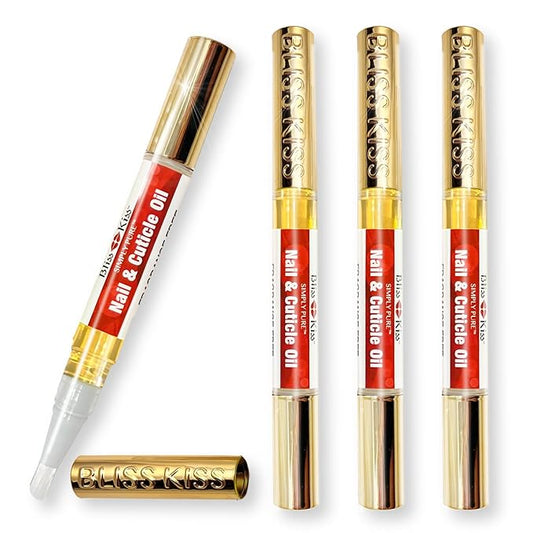 Bliss Kiss | Fragrance Free 4 Nail Oil Cuticle Pens w/Vitamin E & Jojoba⏤Nail Strengthener Nail Growth and Strengthening Serum for Brittle, Peeling, Breaking, Thin nails