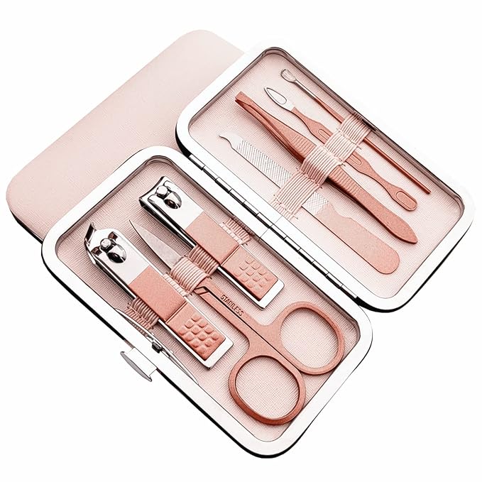 7pcs Manicure Set, Nail Clippers Kit, Stainless Steel Manicure Kit, Nail Clipping Tools Portable Travel Grooming Kit, The Best Gift with Luxurious Case(Rose Gold)