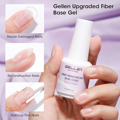 GELLEN Fiber Glass Base Gel Polish, 0.51 Fl.oz Clear Nail Strengthener for Repair Broken Damaged Thin Weak Nails, Professional Soak Off UV Base Coat Salon Home