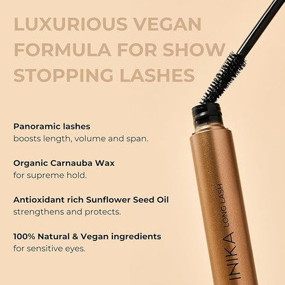 INIKA Organic Long Lash Mascara - Vegan, Non-Toxic Mascara for Volume and Length, Enriched with Essential Fatty Acids, Magnolia Bark Extract & Vitamin E, Cruelty-Free, Black