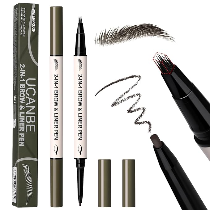 UCANBE 2-in-1 Eyebrow Pen & Gel Eyeliner Pencil – Microblading Eye Brow Pencil with Brow-Fection Angled Brush Tip + 1.5mm Ultra-Fine Eye Liner, Waterproof, Quick-Dry, Long Lasting (Black Brown)