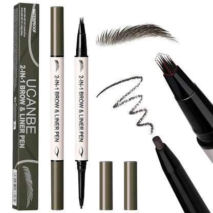 UCANBE 2-in-1 Eyebrow Pen & Gel Eyeliner Pencil – Microblading Eye Brow Pencil with Brow-Fection Angled Brush Tip + 1.5mm Ultra-Fine Eye Liner, Waterproof, Quick-Dry, Long Lasting (Black Brown)