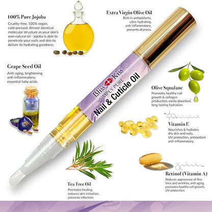 Bliss Kiss | 4 Lavender Vanilla | Oil Cuticle Pen w/Vitamin E & Jojoba⏤Nail Strengthener Nail Growth Serum for Brittle Peeling Breaking Thin Nails