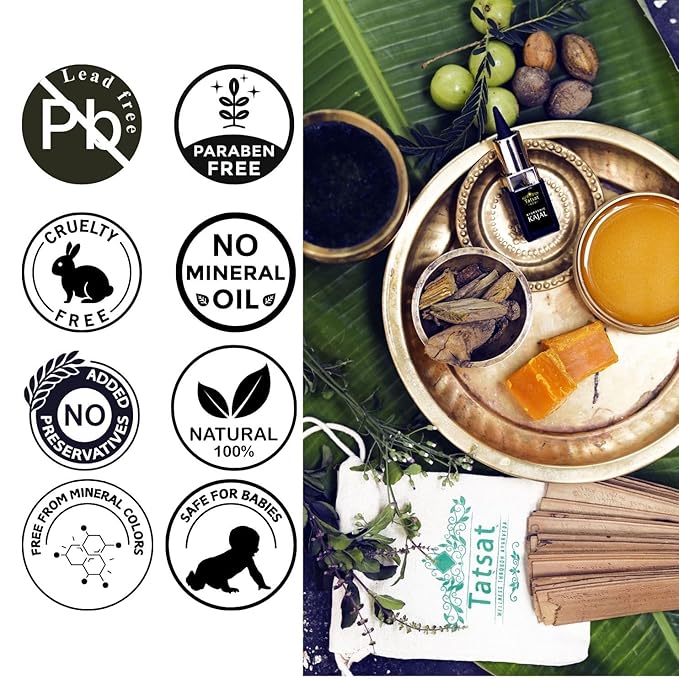 TATSAT - WELLNESS THROUGH AYURVEDA Kajal With Pure Herbs, Medicated Soot And Desi Cow Ghee|Safe For Babies|Lab Tested|No Preservatives, Black, Matte Finish (1 Count (Pack of 1))