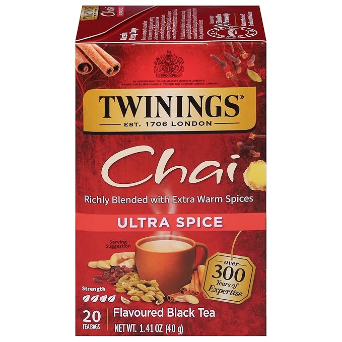 Twinings Ultra Spice Chai Black Tea Individually Wrapped Bags, 20 Count (Pack of 1), Sweet, Savoury Spices, Caffeinated, Enjoy Hot or Iced, 20 Teabags