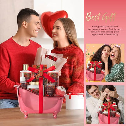 Christmas Gifts for Women, spa kit Gifts for Her Mother's Day Bath Spa Gift Set Red Rose & Tulip Spa Basket Kits for Women, Contains Body Oil, Body Lotion, Salt, self care baskets Mother's Day Gift