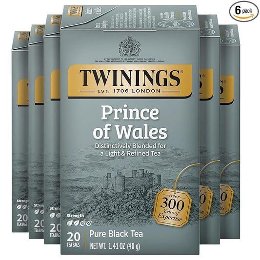 Twinings Prince of Wales Black Tea Individually Wrapped Bags, 20 Count (Pack of 6), Velvety Smooth & Mild, Caffeinated, Enjoy Hot or Iced, 120 Teabags