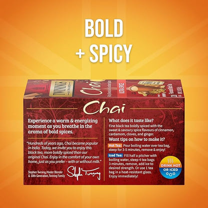 Twinings Ultra Spice Chai Black Tea Individually Wrapped Bags, 20 Count (Pack of 1), Sweet, Savoury Spices, Caffeinated, Enjoy Hot or Iced, 20 Teabags