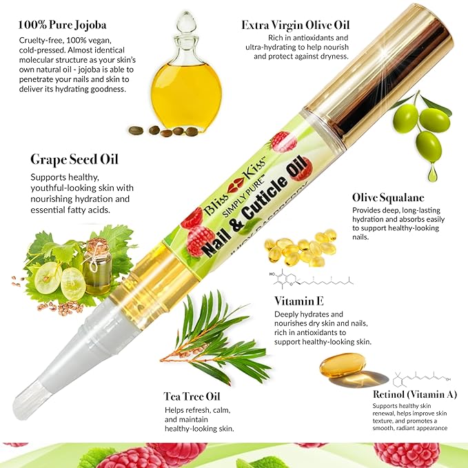 Bliss Kiss | 4 Juicy Raspberry | Oil Cuticle Pen w/Vitamin E & Jojoba⏤Nail Strengthener Nail Growth Serum for Brittle Peeling Breaking Thin Nails
