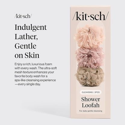 Kitsch Shower Loofah – Soft Mesh Body Scrubber & Bath Sponge for Daily Gentle Cleansing – Durable Loofah for Men and Women with Hanging Loop, Eco-Friendly, 100% PCR Material – 3pc Set, Ballet