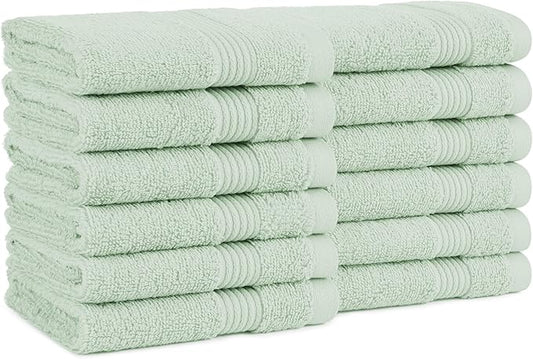 Arkwright Bath Washcloths 12 Pack - Super Soft 100% Cotton, 600 GSM Quick Dry & Absorbent, Luxury Face & Body Wash Cloth Towels for Hotels, Spa, and Vacation Rentals, Eucalyptus Green