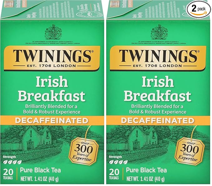 Twinings Irish Breakfast Tea, Decaf Tea Bags, Strong and Distinctive Black Decaffeinated Tea, 20 Individually Wrapped Tea Bags (Pack of 2)