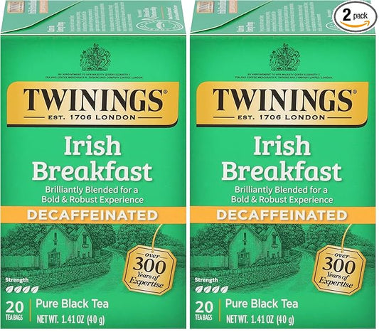 Twinings Irish Breakfast Tea, Decaf Tea Bags, Strong and Distinctive Black Decaffeinated Tea, 20 Individually Wrapped Tea Bags (Pack of 2)